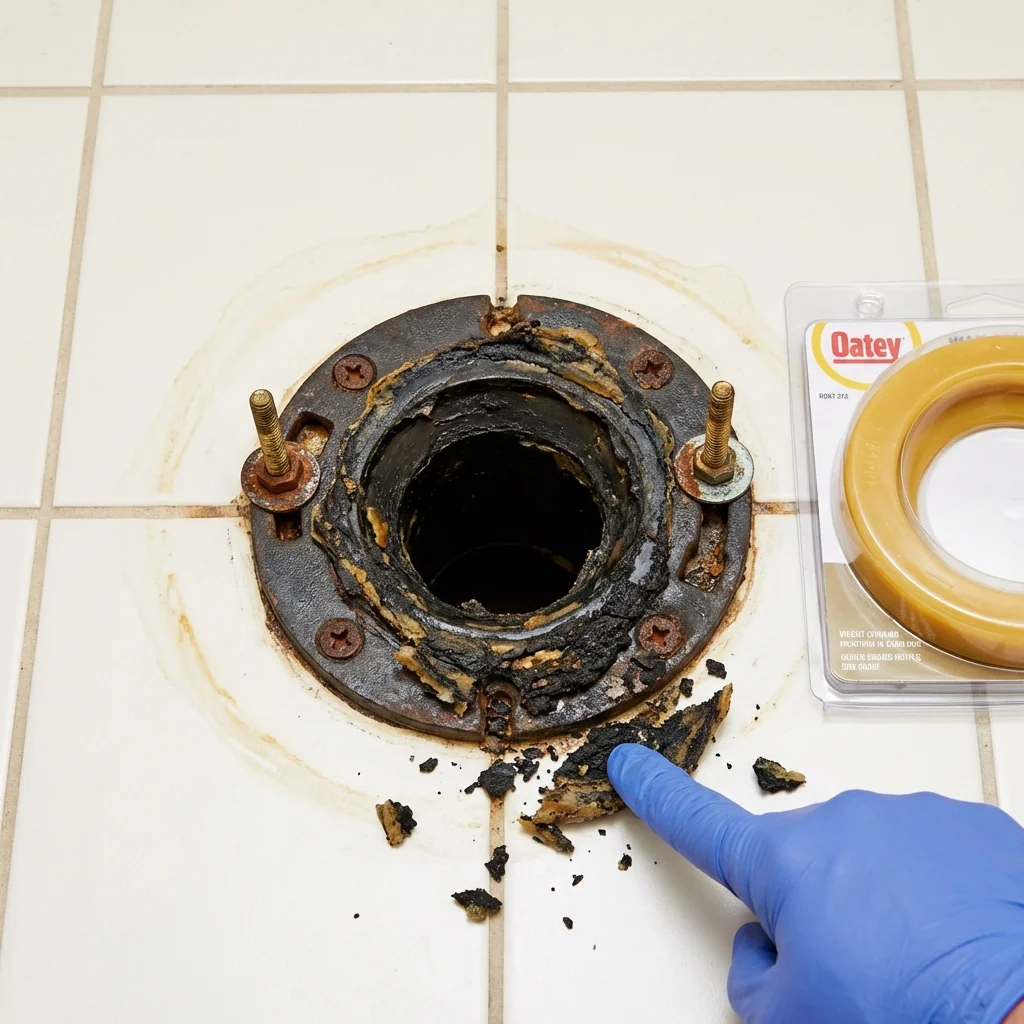 Failed wax ring showing water seepage at the base of a toilet in a Timmonsville, SC home