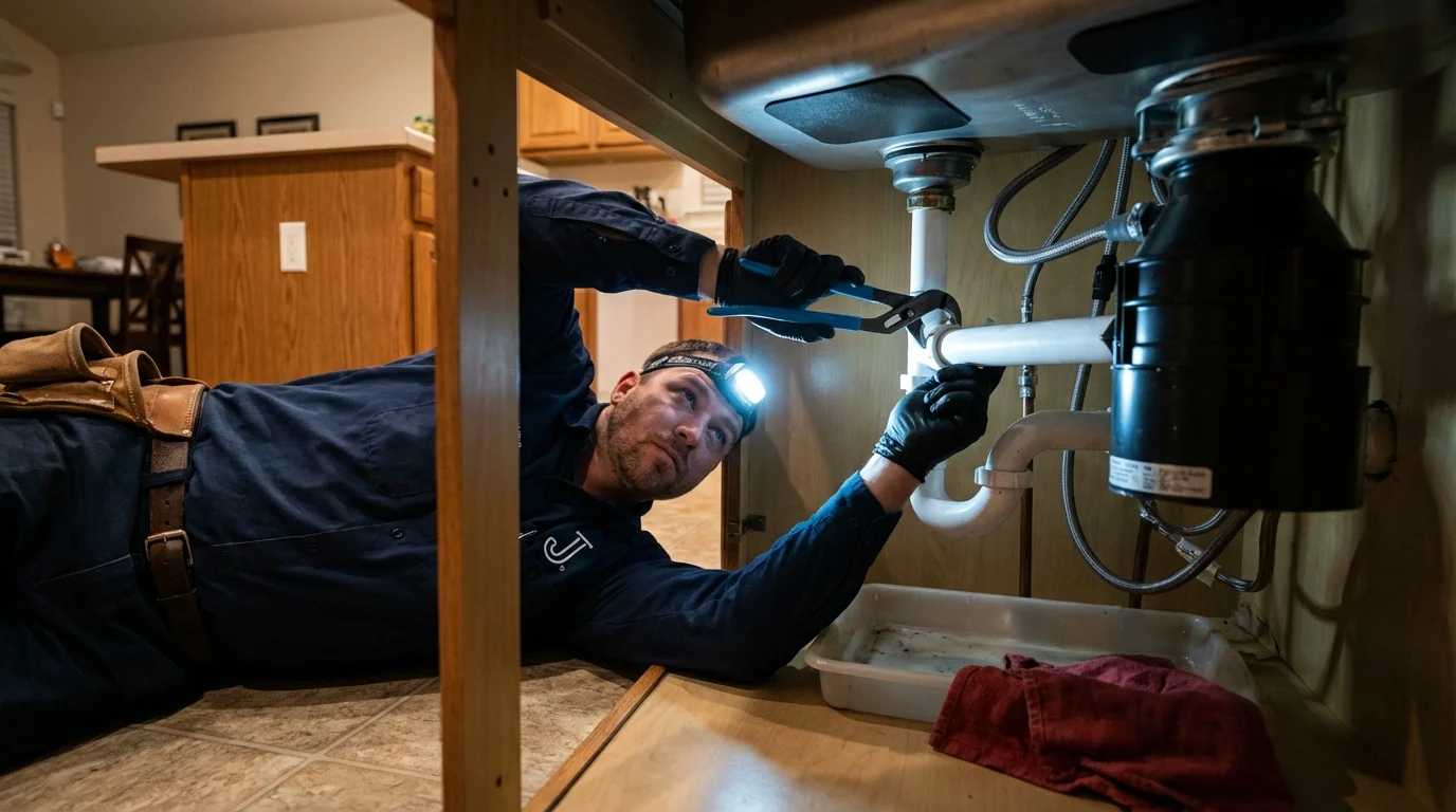 P-trap and supply line connections under a kitchen sink showing a common leak point in Timmonsville, SC